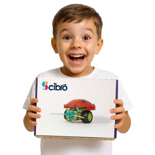 Smiling child holding a Scibro science kit